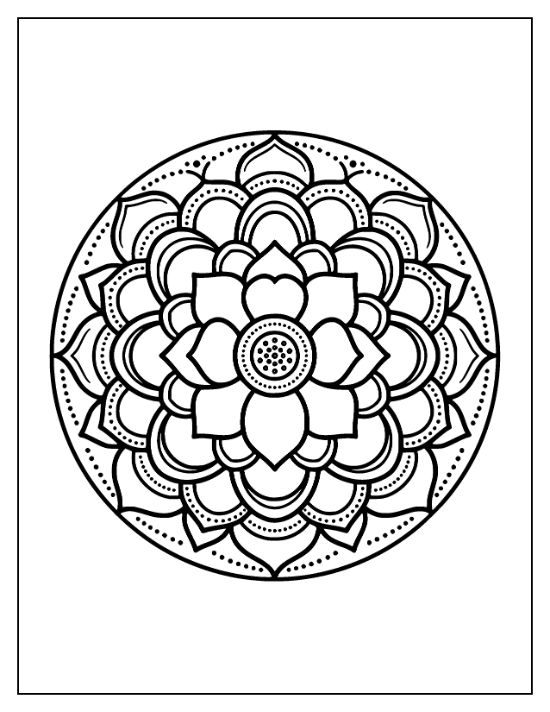 Symmetrical lotus flower mandala with layered petals and dotted border details in a bold and easy coloring page.