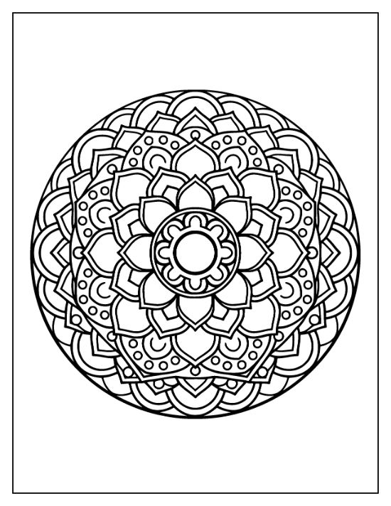 Lotus flower mandala with thick black outlines and symmetrical repeating petal patterns for an adult coloring sheet.