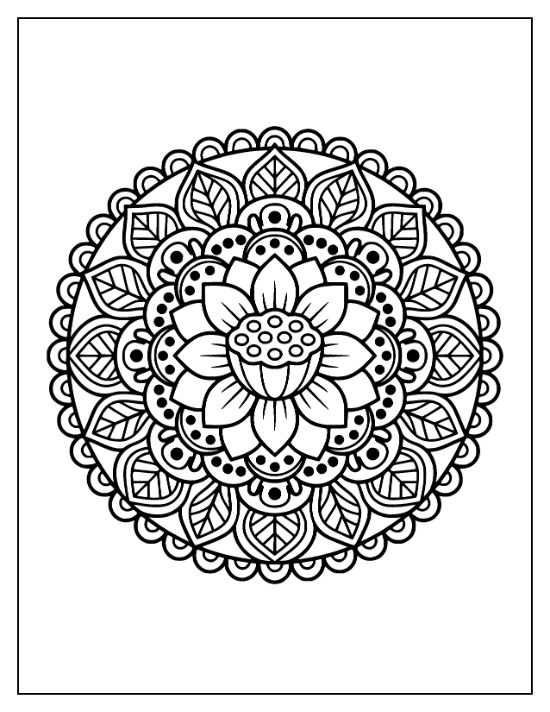 Symmetrical lotus flower mandala with layered petals and leaf motifs in a circular line art composition.