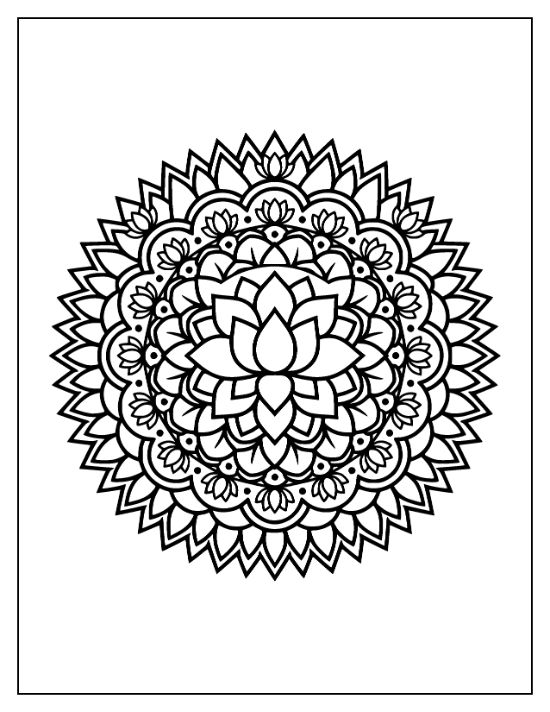 Symmetrical lotus flower mandala with layered petals and spiked outer borders in a clean line art style.