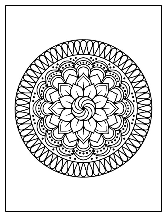 Symmetrical lotus flower mandala with layered petals and circular geometric patterns in a bold and easy line art.