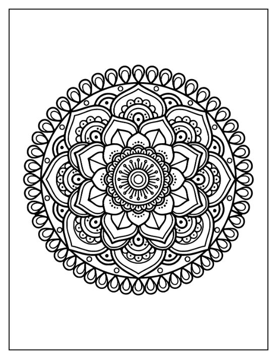 Circular lotus flower mandala with layered petals and teardrop borders in a bold and easy coloring page.