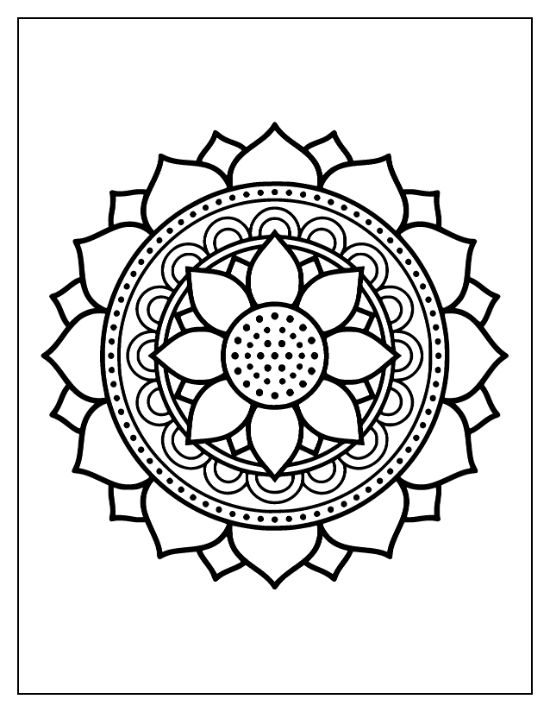 A circular lotus flower design with thick black outlines and repeating petal layers in a bold mandala.