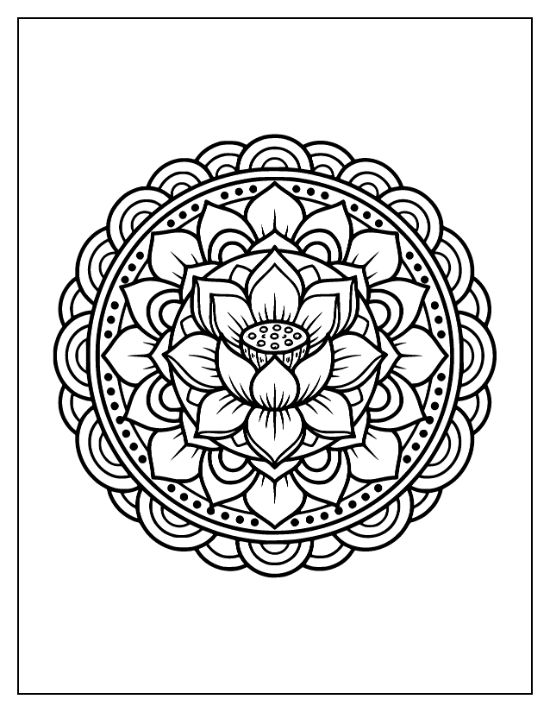 Lotus flower centered within a circular mandala featuring scalloped edges and dotted rings for a coloring sheet.