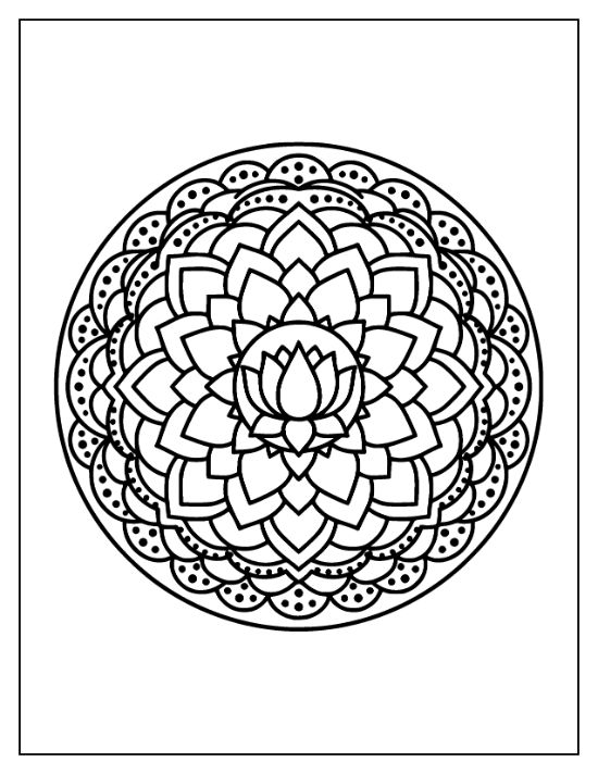 A circular lotus flower mandala featuring layered petals and dotted outer borders in a symmetrical coloring page.