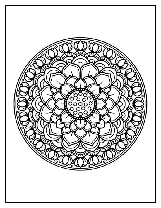 Circular lotus flower mandala with layered petals and a dotted seed pod center in a coloring page.