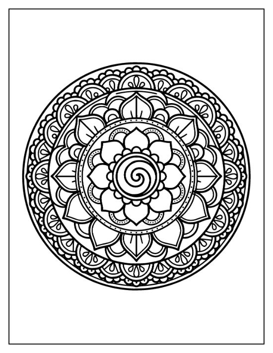Symmetrical lotus flower mandala with a central spiral and repeating petal layers in a bold and easy style.