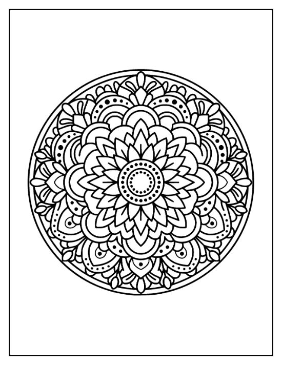 Lotus flower mandala with layered petals and symmetrical geometric patterns in a bold and easy coloring page.