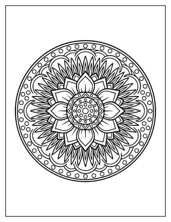 Lotus flower mandala featuring layered petals and circular geometric patterns in a symmetrical line art composition.