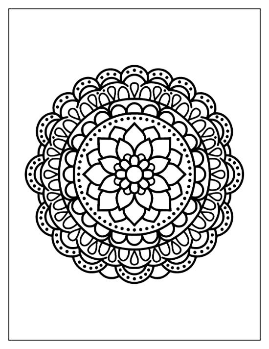 Symmetrical lotus flower mandala with scalloped edges and dotted circular patterns in a bold and easy coloring page.