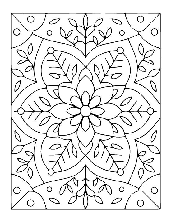 Floral mandala with symmetrical leaves and thick black outlines in a simple botanical coloring page.