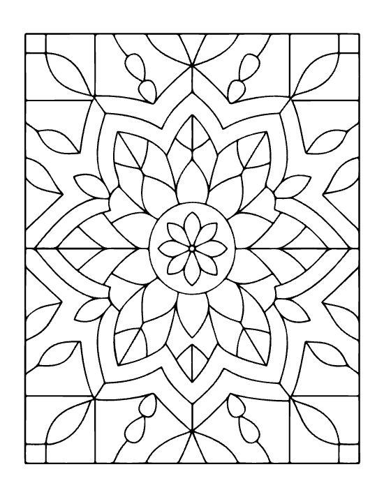 Floral mandala with geometric petals and leaf motifs in a symmetrical composition bold and easy.