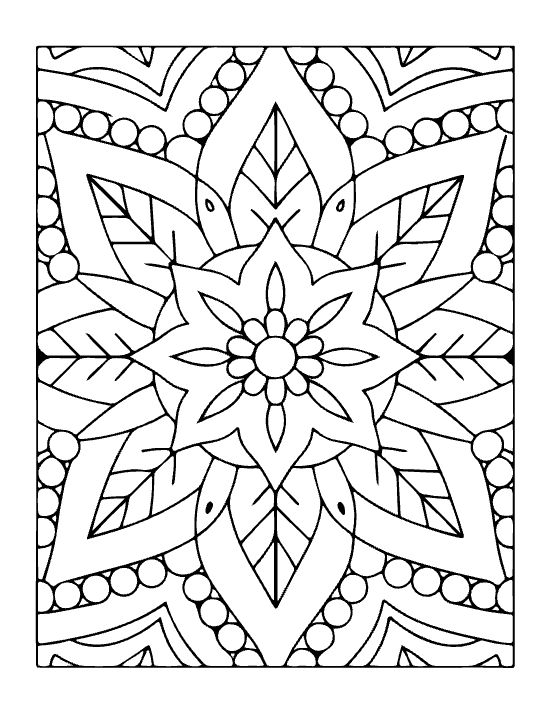 Floral mandala with pointed petals and beaded borders in a symmetrical geometric composition bold and easy.