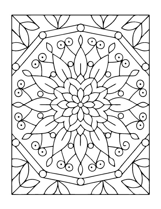Floral patterns and leaf motifs radiate from a central flower in this symmetrical bold and easy mandala.
