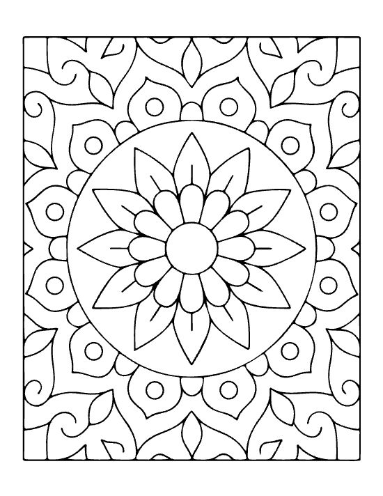 Symmetrical floral design with a central sunflower motif and swirling leaf patterns in a bold and easy mandala.