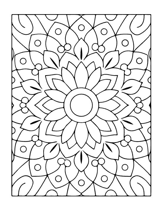 Floral mandala with thick black outlines and repeating leaf motifs in a symmetrical bold and easy coloring page.