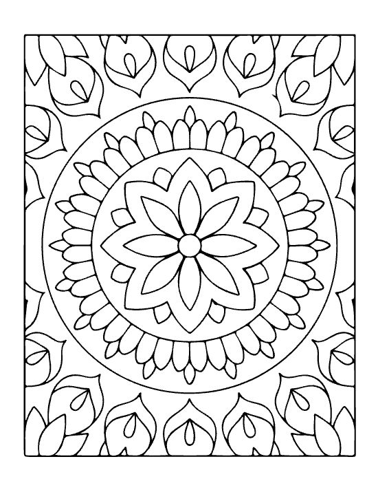 Symmetrical floral mandala featuring a central flower and repeating petal borders in a bold and easy mandala.