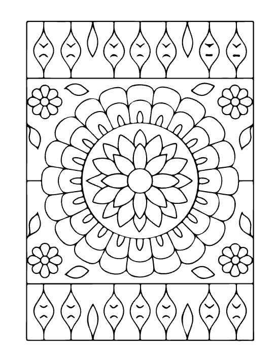 Floral mandala with scalloped petals and corner flowers between two decorative border bands in a bold and easy coloring page.