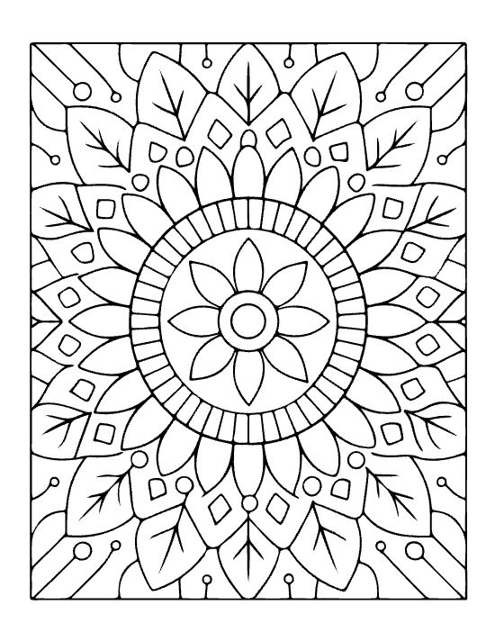 Floral mandala with symmetrical leaf patterns and a central flower motif in a bold and easy coloring page.