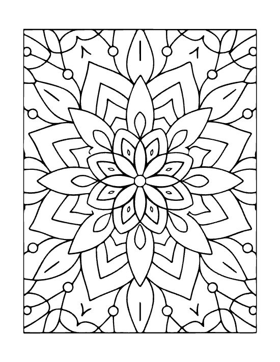 Symmetrical floral pattern with pointed leaves and circular accents forms a simple geometric mandala.