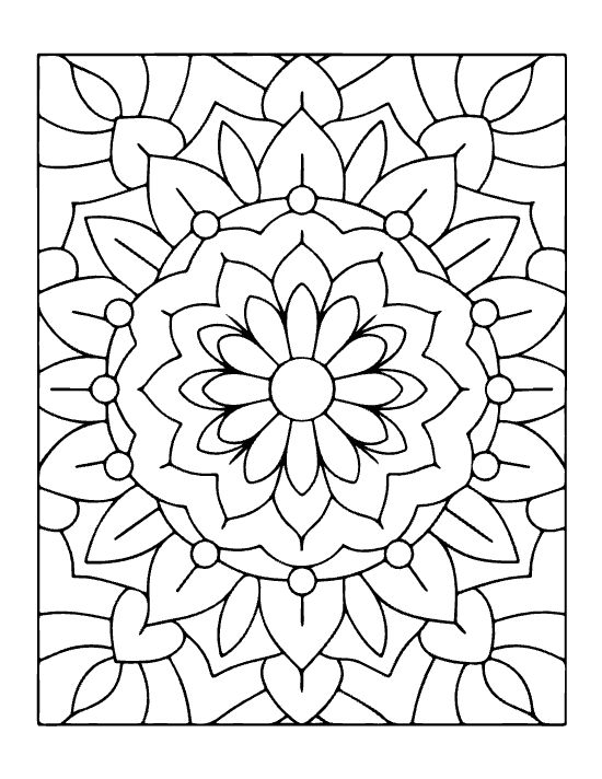 Floral mandala with layered petals and small circular accents in a symmetrical bold and easy coloring page.