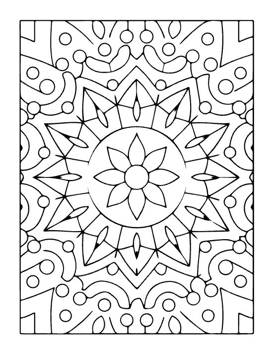 Symmetrical floral mandala with a central eight-petaled flower and geometric star shapes in a bold and easy mandala.