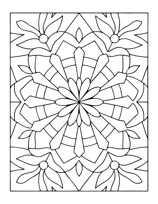 Geometric floral patterns with thick black outlines radiate from a central flower in this bold and easy mandala.