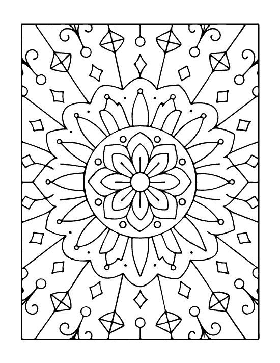 Floral mandala with radiating geometric shapes and thick black outlines in a symmetrical bold and easy coloring page.