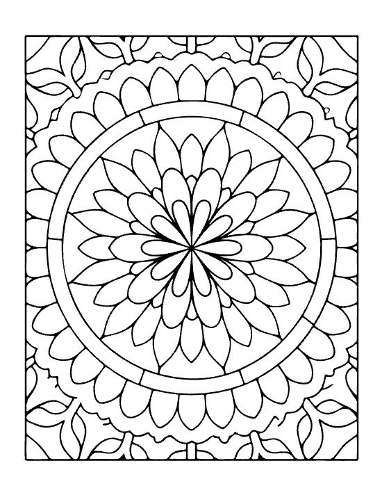 Circular floral mandala with layered petals and thick black outlines in a symmetrical bold and easy coloring page.