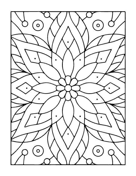 Floral star pattern with thick black outlines and symmetrical geometric petals in a bold and easy mandala.