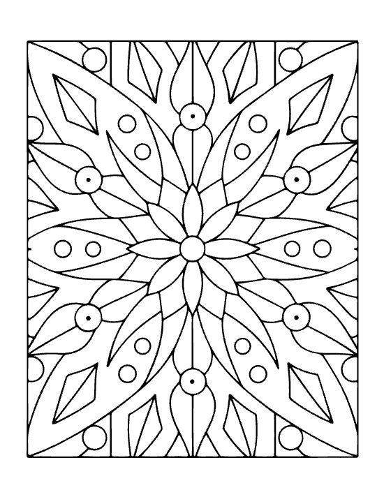 Symmetrical floral pattern with pointed petals and circular accents in a bold and easy mandala.