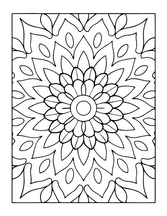 Symmetrical floral pattern with heavy outlines and layered petal shapes forms a bold and easy mandala.