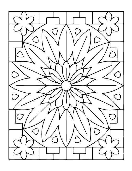 Floral mandala with a central sunburst and geometric border featuring small corner flowers in a bold and easy coloring page.