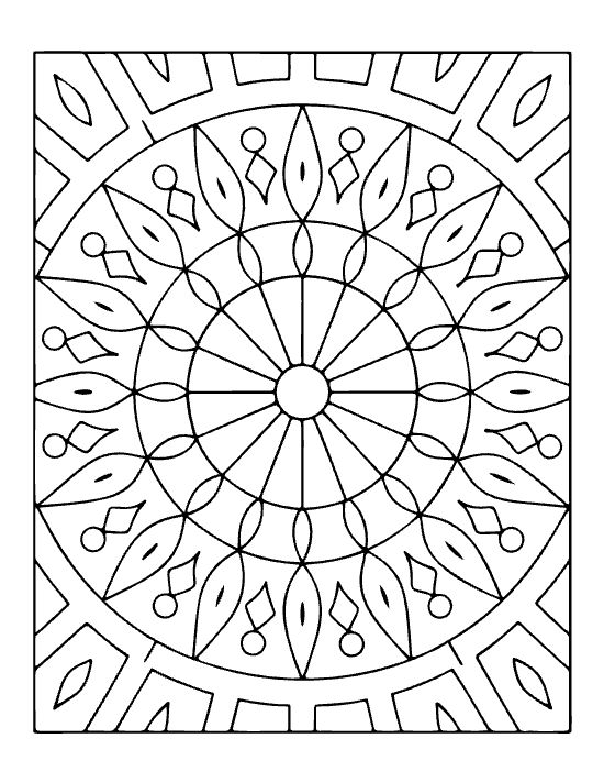 Circular geometric patterns with teardrop shapes and small circles form a symmetrical bold and easy mandala.