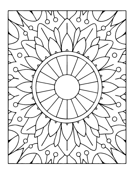 Floral mandala with thick outlines featuring a central sunburst and layered petal motifs for a bold and easy coloring page.