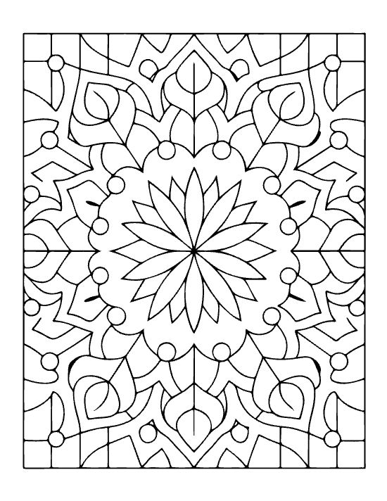 Symmetrical floral mandala featuring a central star and leaf motifs with thick black outlines coloring page.