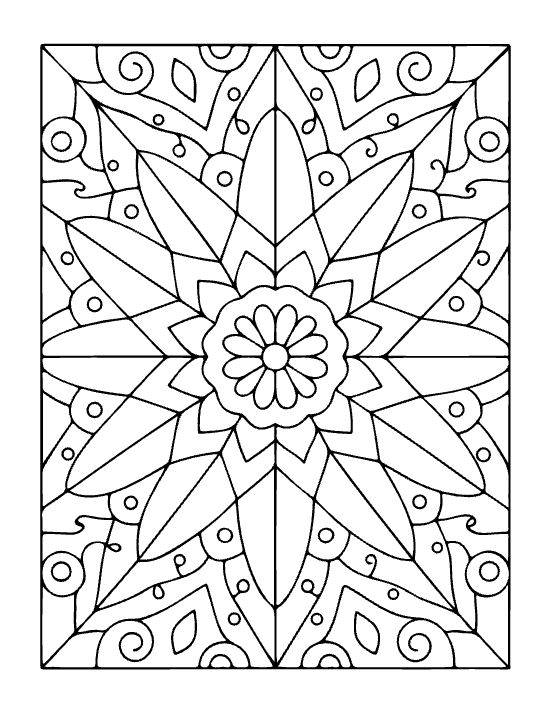 Symmetrical floral mandala with thick black outlines and repeating petal shapes in a bold and easy coloring page.
