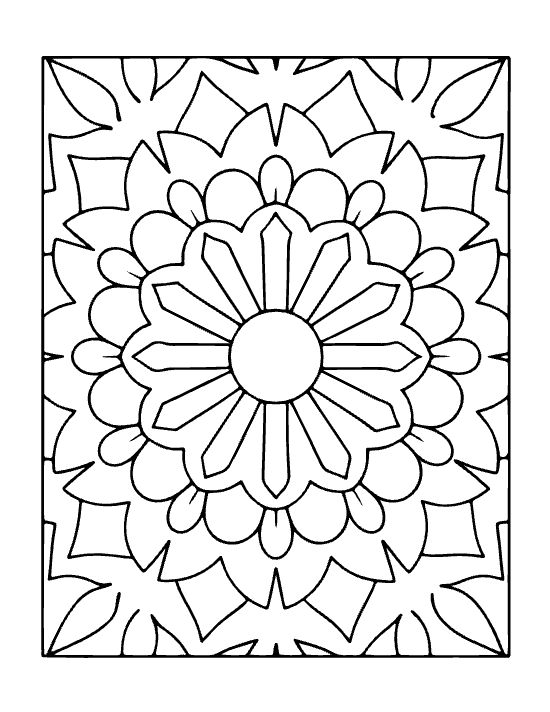 Symmetrical floral mandala with thick black outlines and large geometric petals in a bold and easy coloring page.