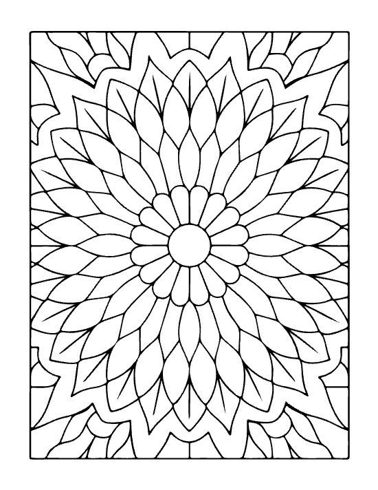 Floral mandala with repeating leaf petals and thick black outlines in a symmetrical circular coloring page.