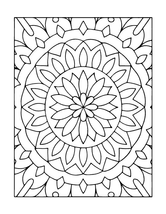 Floral mandala with a central flower motif and repeating geometric petal layers in a bold and easy coloring page.