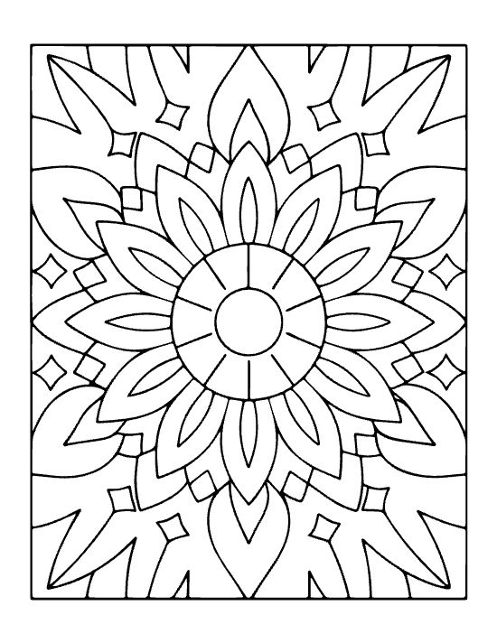 Floral mandala with pointed petals and diamond accents in a symmetrical bold and easy coloring page.