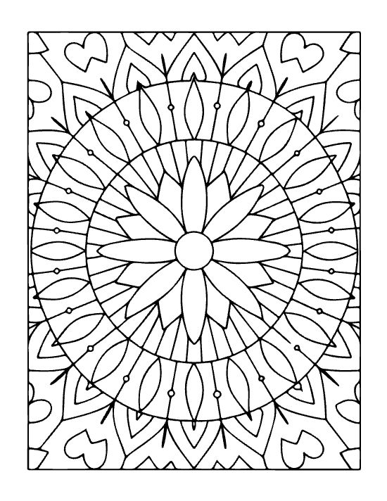 Floral mandala with heart motifs and petal shapes in a symmetrical circular pattern coloring page.