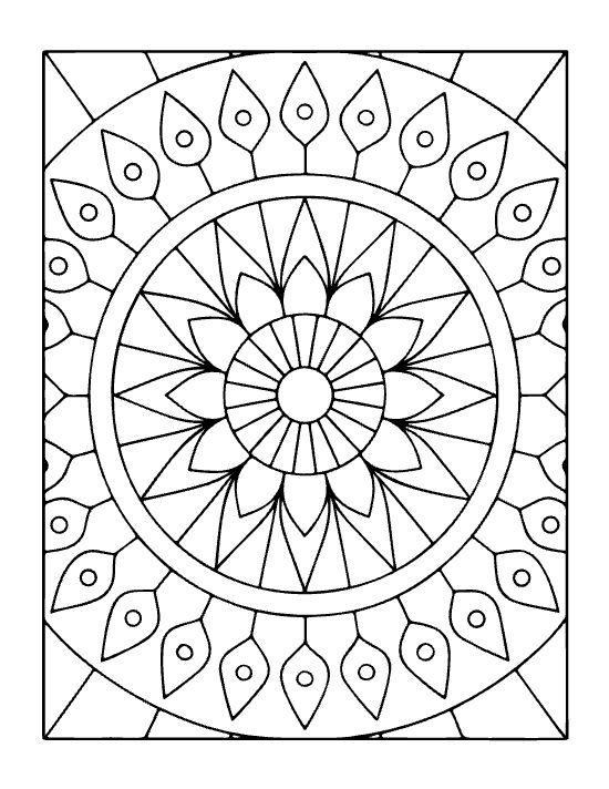 Circular floral mandala with teardrop motifs and geometric petals in a symmetrical bold and easy coloring page.