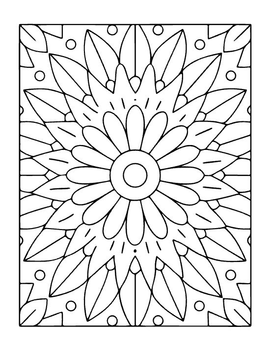 Floral mandala with layered petals and small circles in a symmetrical composition bold and easy.