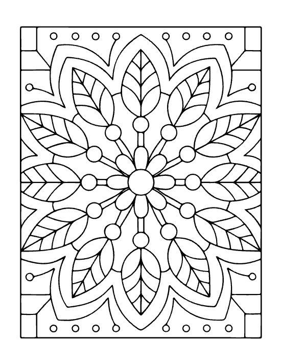 Floral mandala with leaf motifs and thick black outlines in a symmetrical nature themed coloring page.