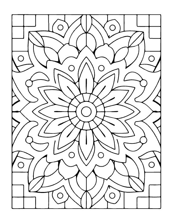 Floral mandala with pointed petals and geometric borders in a symmetrical bold and easy coloring page.