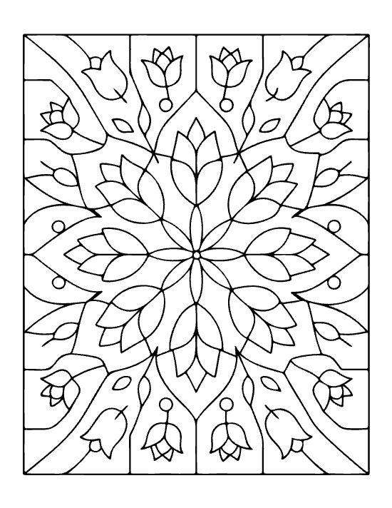 Floral mandala with tulip motifs and symmetrical petals in a thick line mandala.