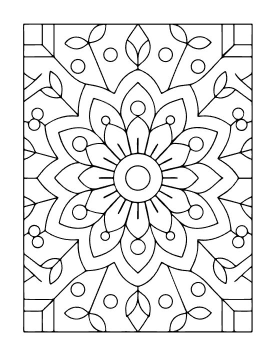 Symmetrical flower with pointed petals and small circular accents in a bold and easy mandala.