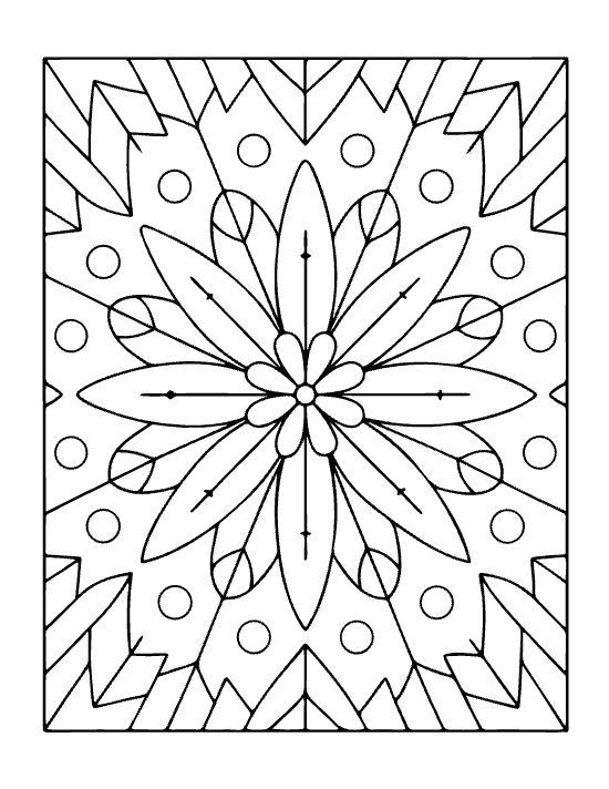 Symmetrical floral design with pointed petals and circular accents in a geometric bold and easy mandala.