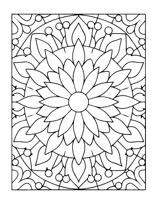 Symmetrical floral mandala featuring a central sunflower motif and leaf patterns in a bold and easy coloring page.